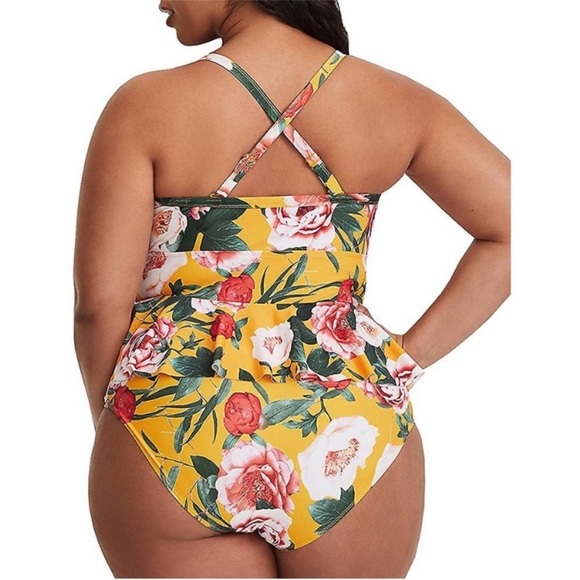 Torrid Wireless Lattice front Peplum one piece swimsuit in yellow floral - Picture 2 of 9